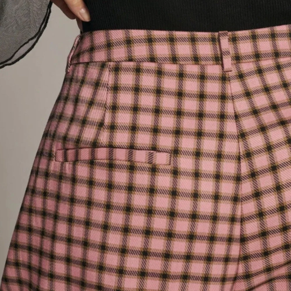 Anthropologie FRNCH Pink and Black Plaid Wide Leg Pants S
